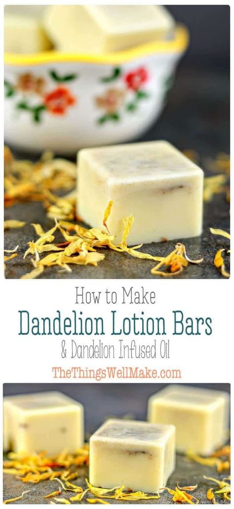 How to make dandelion infused oil for making homemade dandelion lotion bars. Dandelion helps sooth irritated skin, and these homemade lotion bars are a convenient, non-messy way to moisturize your skin. #lotionbars #DIY #natural #dandelion #lotion Dandelion Lotion, Dandelion Infused Oil, Dandelion Oil, Lotion Bars Diy, Homemade Lotion Bars, Lotion Bars Recipe, Lotion Recipe, Infused Oil, Diy Lotion