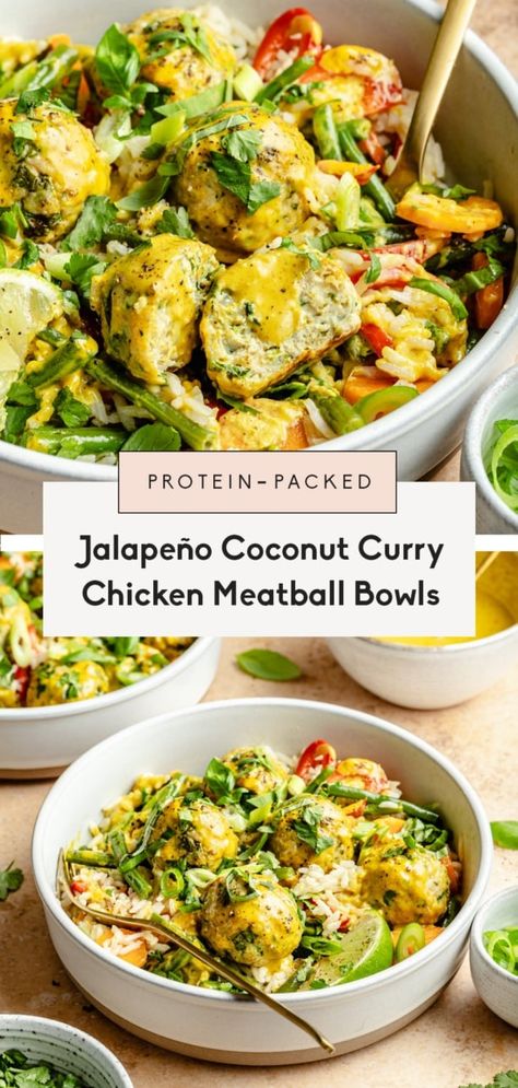 Flavorful jalapeño curry chicken meatballs with gorgeous veggies and a delicious, sweet and savory yellow coconut curry sauce. These protein-packed curry chicken meatball bowls are easy to make for the perfect weeknight meal! Mango Jalapeno Chicken Meatballs, Summer Dinner Meal Prep, Chicken Meatball Bowls, Yellow Coconut Curry, Curry Chicken Meatballs, Meatball Bowls, Meatballs Healthy, Chicken Meatball, Coconut Curry Sauce