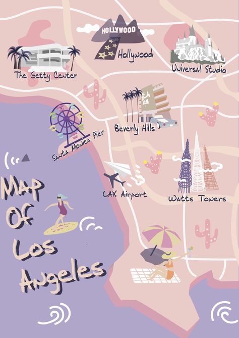 Scavenger Hunt Map, Los Angeles Illustration, Hollywood Map, Map Of Los Angeles, Watts Towers, Universal Studio, Getty Center, Bujo Ideas, Universal Studios Hollywood