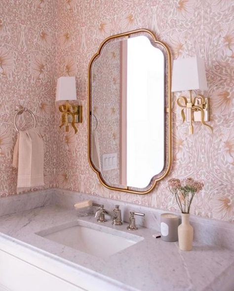 wallpaperdirect on Instagram: "Pretty in pink💝  Wallpaper: 'Pimpernel' by Morris & Co.   Embrace the stunning beauty of classic Morris style floral trellis, filled with circular shapes and symmetrical patterns. 🌺💫   The delicate Cochineal Pink colorway adds a touch of romance to your space! 💖  ⭐️Photo by: @wolff_durandesign ⭐️  #Pimpernel #MorrisAndCo #morris #pinkwallpaper #wallpaper #pinkdecor #cochinealpink #trellis #wallpaperdirect #wallcoverings" Pink Powder Room Ideas, Morris And Co Wallpaper Bathroom, Morris And Co Wallpaper Pimpernel, Quadrille Lyford Trellis Wallpaper, Pink Powder Room, Morris And Co Pimpernel Wallpaper House And Garden, Morris & Co Wallpaper House And Garden, Bridal Gift Wrapping Ideas, Wallpaper Direct