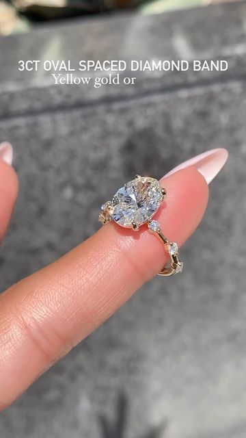 Spaced Diamond Ring, Oval Ring With Spaced Diamond Band, Spaced Out Diamond Engagement Ring, Oval Engagement Ring Spaced Diamonds, Oval Engagement Ring With Studded Band, Engagement Ring With Spaced Out Diamond Band, Gold Wedding Rings Oval Diamond, Gold Band With Spaced Diamonds, Wedding Rings Oval Shape