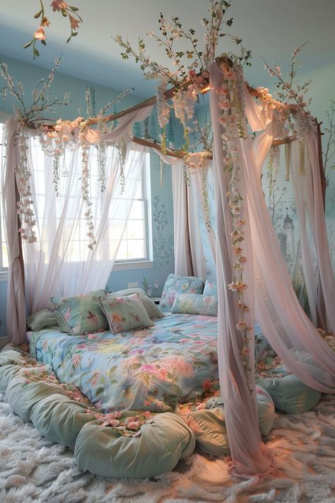 Create Your Dreamy Bedroom Oasis: Whimsical Decor Ideas to Inspire Pink Floral Bedroom Ideas, Blue Fantasy Bedroom, Canopy Bed Ideas Aesthetic, Cozy Pastel Bedroom, Dreamy Bedrooms Aesthetic, Coquette Interior, Bedroom Floral Decor, Biggest Bed, Enchanted Decor