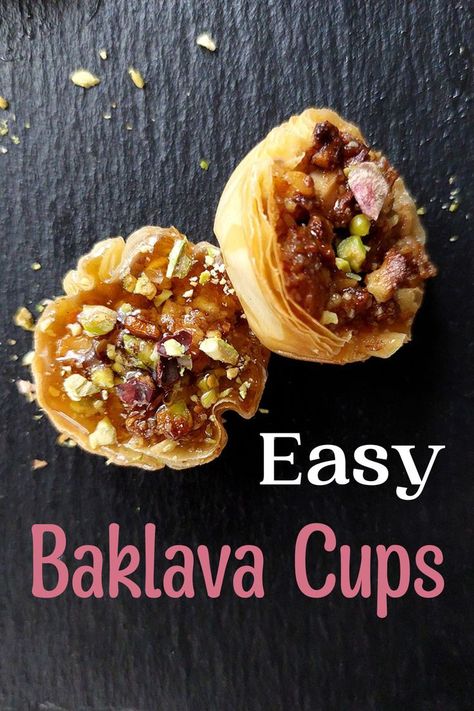 Perfect for entertaining or an anytime snack, these Easy Baklava cups are quick to whip up. A twist on the classic baklava, these are made up of a sweet nut filling inside light flaky layers of phyllo pastry. Baklava Cups, Easy Baklava, Baklava Recipe Easy, Phyllo Pastry, Pastries Recipes Dessert, Greek Cookies, Phyllo Cups, Cake Filling Recipes, Baklava Recipe