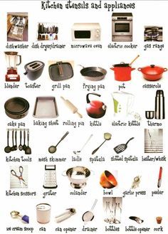 There is no doubt, Kitchen is the Heart of the Home...! Kitchen Items List, Kitchen Tools List, Kitchen Equipment List, Kitchen Utensils List, House Vocabulary, Kitchen Appliance List, Kitchen Essentials List, Tools List, Kitchen Scissors