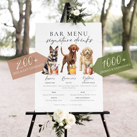 Signature Drink Sign With Dog, Bar Menu Template With Watercolor Drinks, Pet Drink Sign Wedding, DIY Custom Wedding Cocktails Printable Sign - Etsy Wedding Bar Menu With Dog, Dog Drink Menu Wedding, Bar Sign With Dog, Dog Bar Wedding Sign, Wedding Bar Sign Dog, Dog Cocktail Wedding, Ways To Incorporate Dogs In Wedding, Dog Signature Drink Wedding, Dog Wedding Ideas