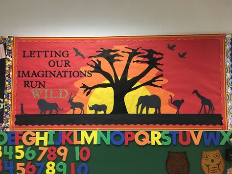 Safari sunset bulletin board Jungle Classroom Door, Safari Bulletin Boards, Jungle Bulletin Boards, Safari Theme Classroom, Kids Bulletin Boards, Disney Themed Classroom, Lion King Theme, Jungle Theme Classroom, Art Bulletin Boards