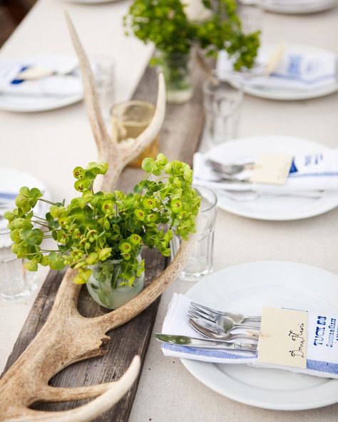 14 Ideas That Prove Antlers Make Awesome Wedding Décor Antler Wedding Decor, Antler Centerpiece, Green Wedding Centerpieces, Rustic Arrangements, Antler Wedding, Green Centerpieces, Rustic Centerpieces, Rustic Wedding Centerpieces, Martha Stewart Weddings