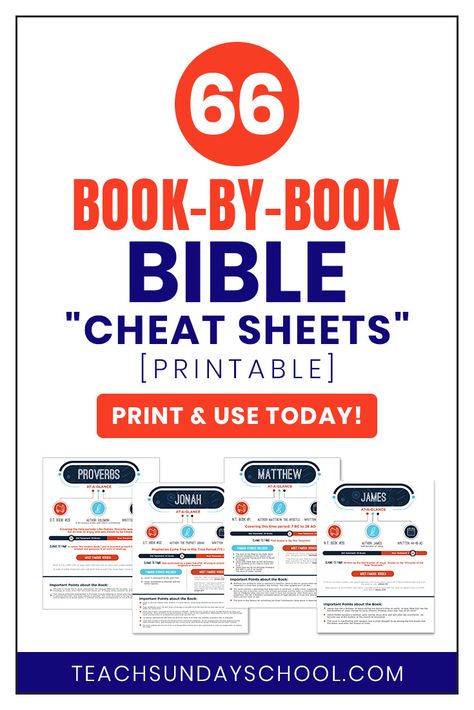 Sunday School Lesson Ideas: One Page Printable "Cheat Sheets" to Help Guide Your Sunday School Lesson on Each Book of the Bible.  Printable PDFs on the website. Bible Cheat Sheets Free, Bible Cheat Sheet, Bible Learning, Book Of The Bible, Bible Books, Bible Teaching, Personal Bible Study, Bible Study Help, Kids Bible