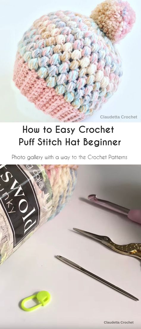 Super Easy Puff Stitch Beanie Hat Crochet A Hat For Beginners, Puff Stitch Hat, Sunshine Crochet, Popcorn Stitch Crochet, Crochet A Hat, Crochet Mesh Top, Crochet Hat Patterns, Puff Stitch Crochet, Bobble Stitch Crochet