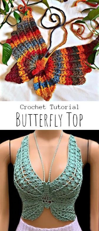 Crochet Butterfly Top | Pretty Ideas | Bloglovin’ Crocheted Butterfly Top, Quick Crochet Crop Top, Crochet And Fabric Top, Crochet Outfit Ideas Summer, Crochet With Crystals, Crochet Spring Tops Free Pattern, Cute Crochet Tops Free Pattern, Crochet Festival Outfit Pattern, Free Crochet Crop Top Pattern