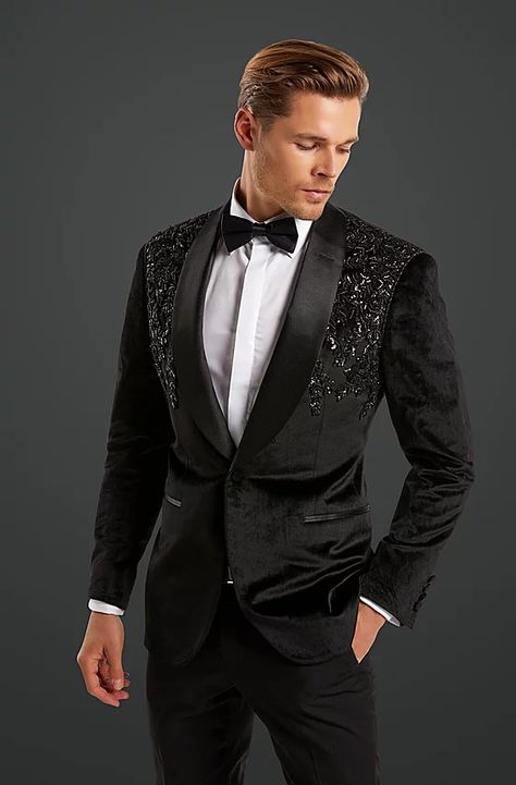 Custom Designer Wedding Suits | Couture Menswear Suits Couture, Couture Menswear, Designer Tuxedo, Designer Blazers For Men, Groom Dress Men, Rhinestone Embroidery, Modern Groom, Embroidery Suit, Wedding Dress Men