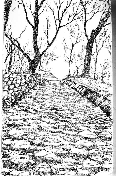 Road Drawing Easy, Road Drawing, Rock Path, Drawing Rocks, Art Loft, Illustration Landscape, Stone Road, Ink Doodles, Landscape Stone