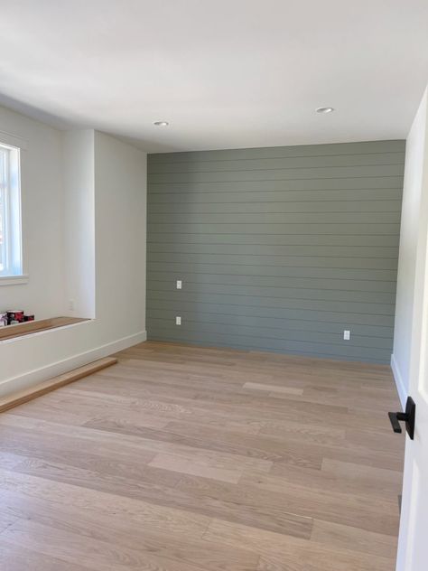 Gray Green Paint Colors Bedroom, Best White With Evergreen Fog, White Walls With Sage Green Accent Wall, Green Paint Colours For Bedroom, Green Master Accent Wall, White Wall With Green Accent, Coloured Accent Wall, Evergreen Wall Paint, Green Shiplap Accent Wall Bedroom