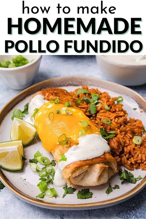 Pollo Fundido is a classic Mexican dish made with shredded chicken, salsa, and cheese. This version is a Mexican restaurant copycat made with homemade chimichangas smothered in a jalepeño cream cheese sauce and melted cheese. Homemade Chimichangas, Fundido Recipe, Cheesy Chicken Recipes, Chimichanga Recipe, Recipes Copycat, Chicken Salsa, Cream Cheese Sauce, Roasted Poblano Peppers, Restaurant Copycat