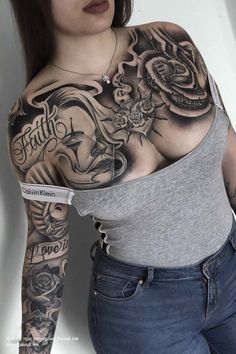 Woman With Tattoos, Catrina Tattoo, Gangsta Tattoos, Wicked Tattoos, Chest Tattoos For Women, Chest Piece Tattoos, Geniale Tattoos, Dope Tattoos For Women, Tattoo Life