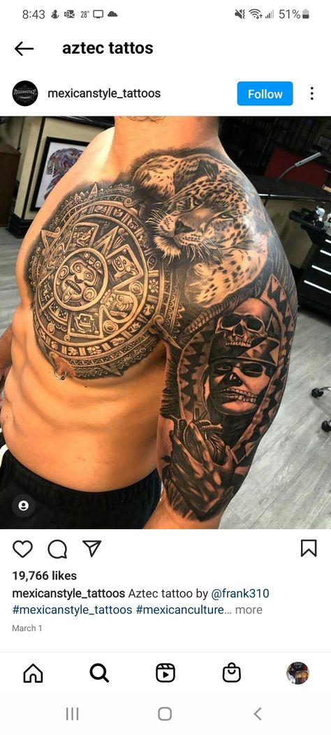 Chest Arm Tattoo Men, Aztec Shoulder Tattoo Men, Aztec Sleeve Tattoos, Mayan Chest Tattoo, Mexican Sleeve Tattoo, Mexican American Tattoos, Mexican Tattoo Ideas For Men Aztec, Mayan Calander Tattoos, Aztec Calendar Chest Tattoo