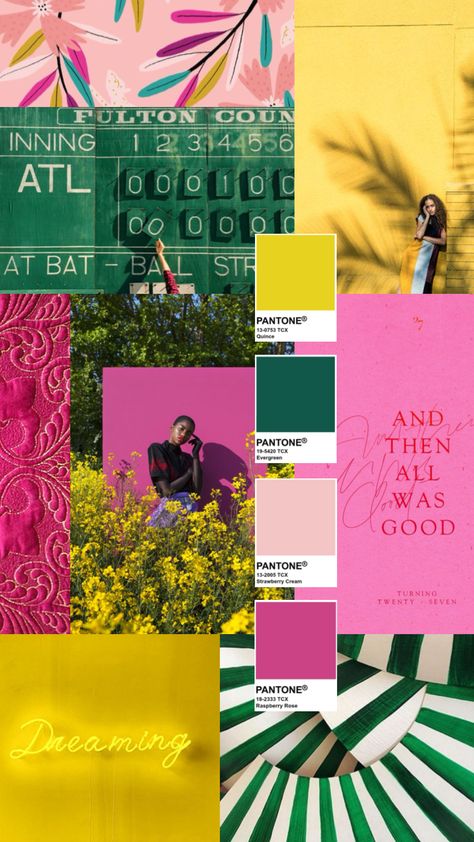 Color Inspiration No. 27 #colorfulaesthetic #color #colorinspo #colorpalette #pacecreative #creativedirection #colorlove #colorinspiration #colorswatches #pink #green #yellow #pantone #pantoneswatch Yellow Pantone, Pantone Swatches, Color Palette Yellow, Colorful Aesthetic, Pink Green Yellow, Color Palette Design, Color Crush, Color Inspo, Strawberries And Cream