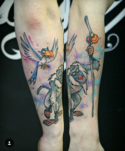 #tattoo #tatuagem #ink #inked #bodymodification #alineymarques #thelionking #watercolor #disney #rafiki #zazu Zazu Lion King Tattoo, Rafiki Tattoo, Lion King Tattoo, King Tattoo, Christian Tattoo, Disney Sleeve, Roi Lion, Disney Tattoo, Sleeve Ideas