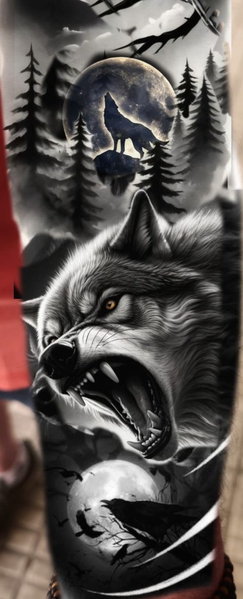 Wolf Tattoo Design Men Leg, Chinese Wolf Tattoo, Tattoo Ideas For Men Wolf, Wolf Forest Tattoo Design, All Black Pitbull, Arm Tattoos Drawing, Badass Pictures, Wolf Tattoos Men, Egyptian Tattoo Sleeve