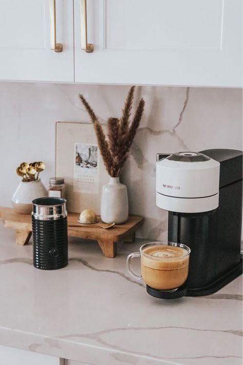 Nespresso Coffee Station Ideas Modern, Nespresso Corner Ideas, Neutral Coffee Bar Ideas, Nespresso Next Coffee Station, Nespresso On Countertop, Nespresso Counter Station, Coffee Bar Nespresso Vertuo, Transitional Coffee Station, Coffee Station Nespresso Vertuo