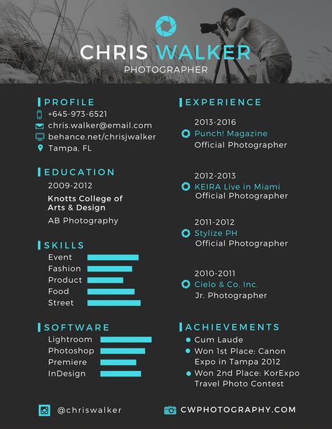 Make an enduring first impression on hirers with a bold and original resume [free templates] – Learn Photography Resume, Cv Photo, Photographer Resume, Curriculum Vitae Design, Cv Ideas, Curriculum Vitae Format, Graphic Resume, Fashion Resume, Creative Cvs