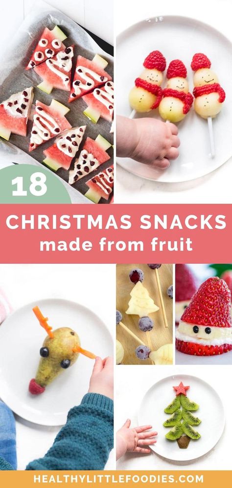 These Healthy Christmas Snacks, made from fruit, will delight your kids and you will feel great knowing you are filling their tummies with the good stuff. Great for kids with allergies with most ideas gluten-free, dairy-free, nut-free and with no added sugar.  Fun for kids to make and get involved in the kitchen.  #healthychristmas #fruitsnacks  #funfood #christmas #christmasideas Christmas Morning Fruit Ideas, Cute Christmas Fruit Ideas, Healthy Christmas Fruit Tray, Christmas Fruit Kabobs Kids, Christmas Fruit Skewers For Kids, Christmas Fruit Platter Kids, Christmas Fruit Ideas For Kids, Toddler Christmas Food Ideas, Christmas Fruit Tray For Kids