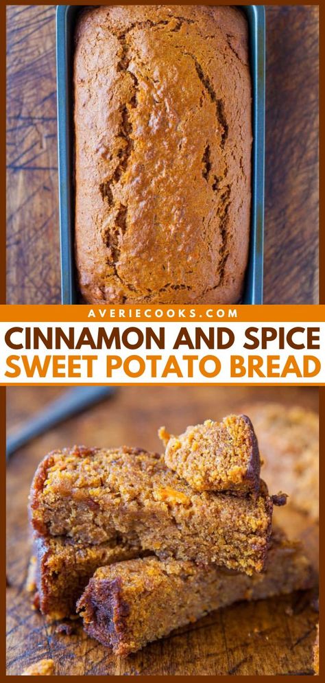 This quick bread is almost like cake! Moist and richly spiced with cinnamon, ginger, and more, this sweet potato bread is a wonderful Thanksgiving sweet treat. Perfect if you want more Thanksgiving desserts that aren't pie! Sweet Potato Bread, Potato Bread, Potato Cakes, Bread Recipes Sweet, Thanksgiving Desserts, Dessert Bread, Sweet Potato Recipes, Bread Recipes Homemade, Loaf Pan