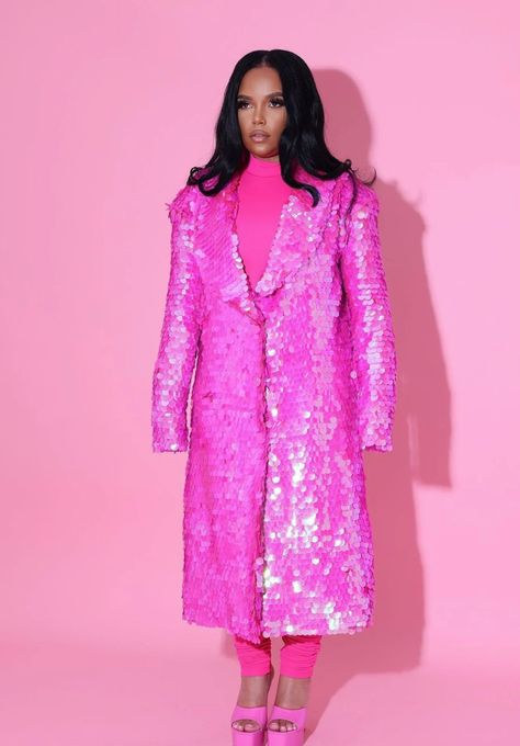 NLTHELABEL Coats Outfits, Sequins Jacket, Sequin Coats, Sparkly Outfits, Barbie Inspired, Sequin Jacket, Pink Coat, Fringe Dress, Coat Outfits