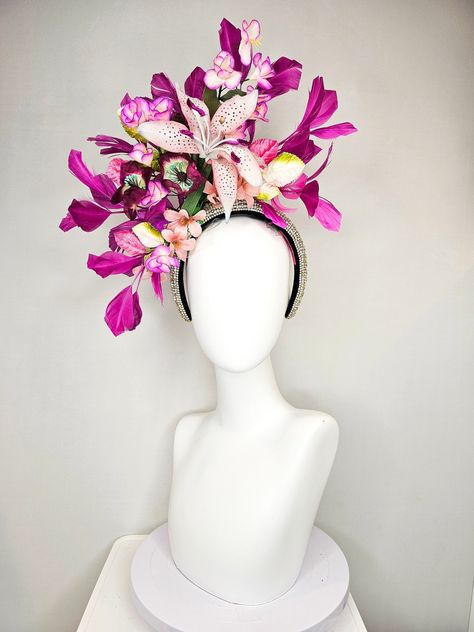 From the 2024 Featured milliner of the Kentucky Derby museum Gorgeous Kentucky Derby hat fascinator  kentucky derby hat fascinator rhinestone crystal headband with light pink lavender purple silk flowers and leaves  purple  feathers headband attachment each hat is totally one of a kind! no two are alike! I can probably add feathers, flowers etc to existing hats for a small fee. I cannot remove anything from existing hats. Just message me and see if we can make it work! :) I cannot make custom or Diy Derby Fascinator, Derby Hats Diy Ideas, Fascinator Hats Diy, Purple Feathers, Floral Fascinators, Floral Headdress, Kentucky Derby Fascinator, Flower Costume, Derby Hats Fascinators