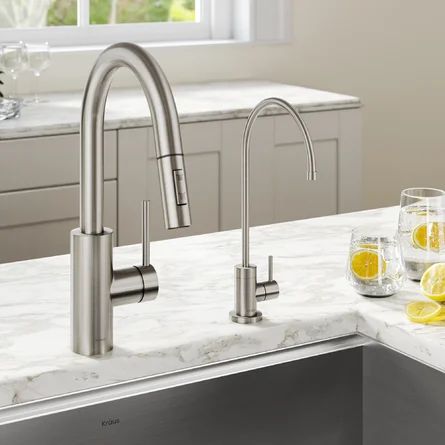 Kraus Oletto Filter Combination Pull Down Single Handle Kitchen Faucet With Handles, Water Filtration, and Supply Lines - Wayfair Canada Water Filter Faucet, Free Filters, Faucet Design, Bottled Water, Single Handle Kitchen Faucet, Reusable Water Bottles, Water Faucet, Kitchen Sink Faucets, Water Filtration