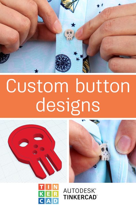 Use Tinkercad to design custom buttons to sew on any shirt for any occasion. 3d Printer Projects For Sewing, 3d Printing Ideas For Sewing, 3d Printed Buttons, 3d Print Sewing Tools, Tinkercad Ideas, 3 D Printer Projects, 3d Printing Ideas To Sell, Cute 3d Printing Ideas, Cool 3d Printing Ideas