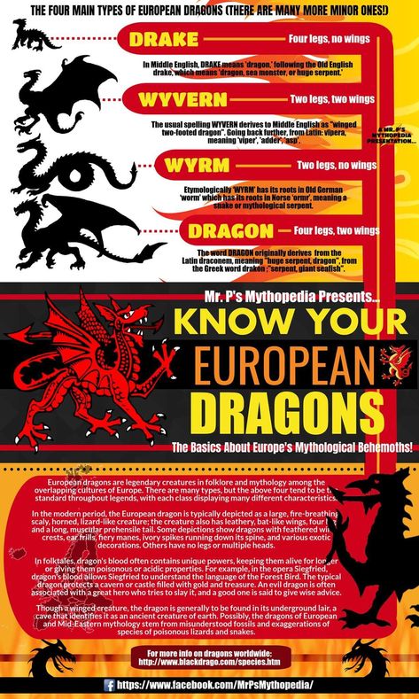 'Last year, I began working with the Piktochart application to design infographics for a wide range of sweet mythology from around the world (having a blast the entire way!). My very first creation was on the four main types of European dragons, which for a beginner, I was quite fond of. I decided to revisit the original infographic, redesign it and put it out there for you all to enjoy! So, without further ado, KNOW YOUR EUROPEAN DRAGONS - VOLUME II!  #Dragons #EuropeanMythology #Wyvern #Drake Mythology Sketches, Crypto Zoology, Drake Dragon, Dragon Meaning, World Mythology, Occult Science, Legends And Myths, Middle English, Ancient Mythology