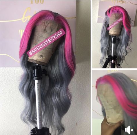 Beautiful pink and gray wig 😍😍😍 IG:the.officialtalia Pinterest: taliabeatty Gray Wigs, Gray Wig, Wig Pink Highlights, Gray And Pink Hair, Gray And Pink Outfit, Grey And Pink Hair, Pink And Grey Hair, Wig With Grey Streaks, Silver And Pink Hair