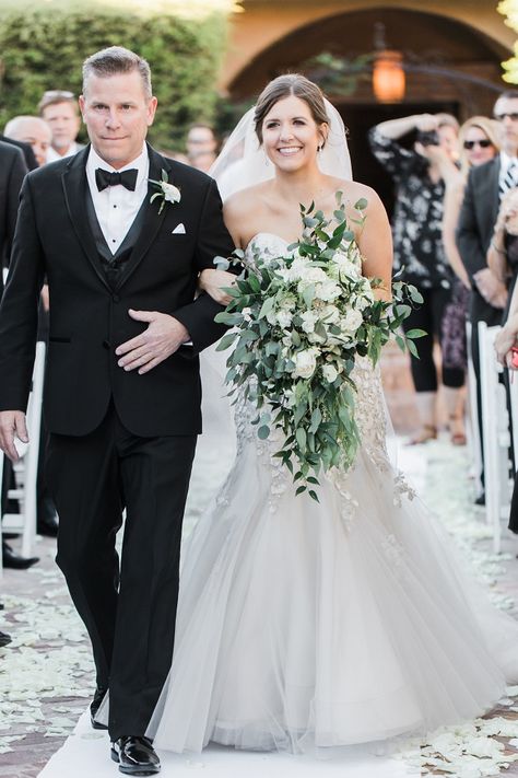 Father of the bride walking down the aisle with one arm around the bride while wearing a black suit and a black bow tie | Ashley Rae Photography | villasiena.cc Black Tux Father Of The Bride, Father Of The Bride Black Suit, Father Of The Bride Attire Black Suit, Father Of The Bride Tuxedo, Father Of The Bride Attire, Bride Down The Aisle, Aisle Ideas, Bride Walking Down The Aisle, Villa Siena