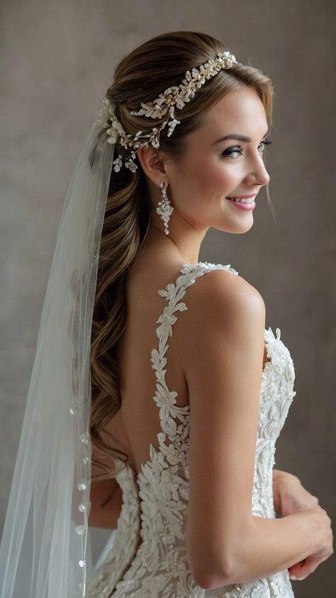 Discover stunning bride hairstyles for long hair including veil brunette side bridal style veil half braid style ideas easy brunette loose waves vintage flowers style ideas straight simple Perfect for achieving an elegant and timeless look on your big day Explore these beautiful and versatile options for your wedding hairstyle inspiration Fingertip Veil Hairstyles, Long Hair With Veil Brides, Wedding Hairstyles With Veil And Tiara, Bridal Hair With Veil Half Up, Bride Hairstyles For Long Hair With Veil, Half Up Half Down Bridal Hair With Veil, Wedding Hair Down With Headband, Wedding Hairstyles For Long Hair With Veil, Braid Style Ideas