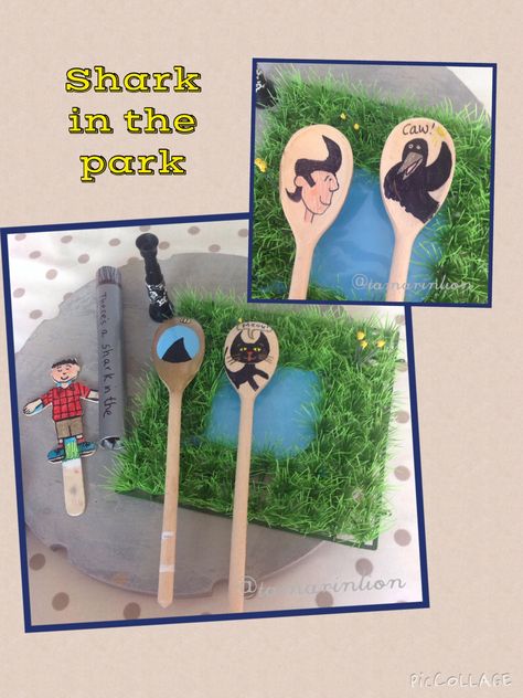 Shark in Park story props Shark In The Park Activities, Shark In The Park Activities Eyfs, Shark In The Park, Park Story, Story Baskets, Literacy Bags, Nursery Stories, Shark Activities, Park Activities