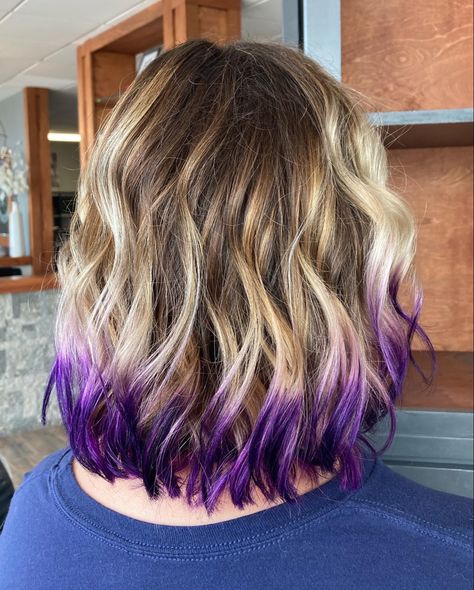 Bob With Purple Tips, Long Hair Dip Dye, Purple Hair Ends Dips, Short Blonde Hair With Purple Tips, Tips Of Hair Dyed Purple, Dark Hair With Colored Ends, Purple Dipped Hair, Blonde Hair With Purple Underneath, Hair With Purple Underneath