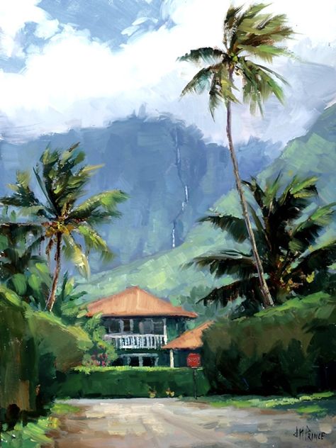 Hanalei House by Jenifer Prince, Oil Hawaii Oil Painting, Painting Ideas Hawaii, Hawaii Painting Ideas, Hawaiian Painting Ideas, Tropical Painting Ideas, Hawaii Drawing, Hawaiian Painting, Jenifer Prince, Easy Canvas Painting Ideas