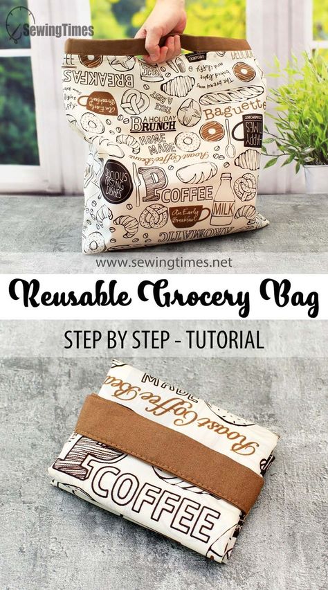 DIY Reusable Grocery Bag | Easy way to make a shopping bag [sewingtimes] Reusable Grocery Bags Pattern, Diy Reusable Grocery Bags, Grocery Bag Pattern, Sac Diy, Diy Bag Designs, Diy Bags Purses, Tote Bags Sewing, Beginner Sewing Projects Easy, Bag Sewing