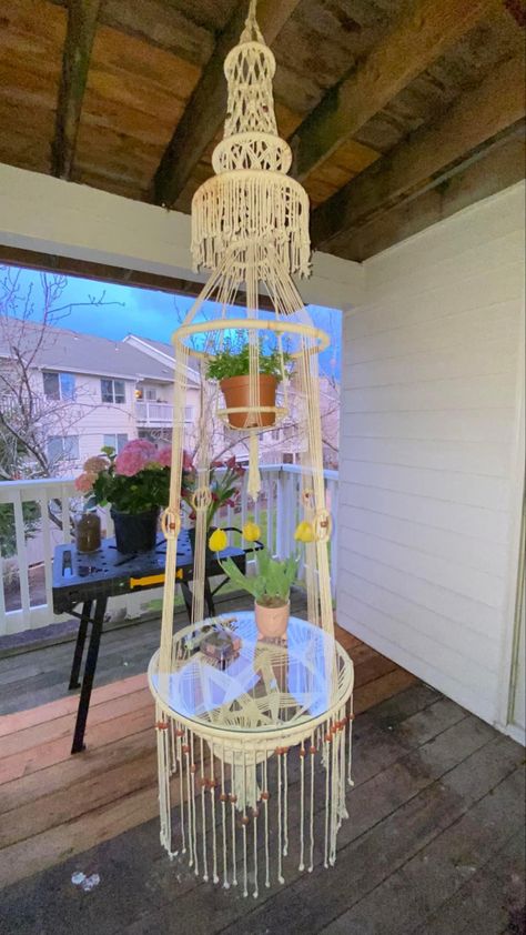 Macrame Hanging Table, Witchy Cottage, Macrame Light, Art Macramé, Macrame Table, Macrame Plant Hanger Patterns, Macrame Knots Pattern, Hanging Table, Plant Table