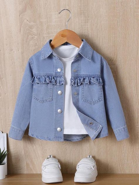 Patched Denim, Denim Patches, Girls Denim, Girls Clothing, Ruffle Trim, Denim Shirt, Baby Clothes