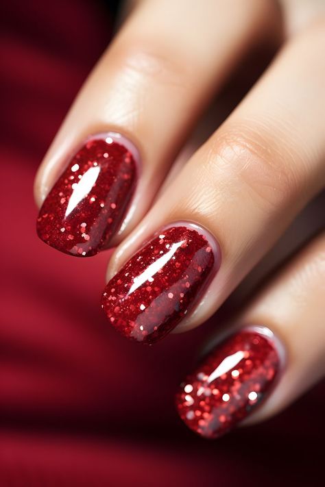 red glitter nails, nails design, nail art, nail inspiration, nail ideas, nail trends, nail beauty, nail fashion, nailstyle, nailgoals, nailgoals2024, holiday season nails, dazzling nails, festive nails, seasonal nail, beauty nails, glittery nails, nail perfection, red nails, manicure, nail care, nail magic, nailstyle2024, glittering tips, nail glam, nail obsession Short Red Sparkly Nails, Sparkly Red Christmas Nails, Dark Red Glitter Nails, Red Nails With Silver Glitter, Red Glitter Nails Short, Sparkle Red Nails, Red Glittery Nails, Glittery Red Nails, Red Glitter Christmas Nails