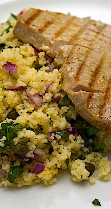 What A Waste, Tuna Fillet, Tuna Steak, Can't Help Myself, Healthy Tuna, Couscous Recipes, Tuna Steaks, Bbc Good Food Recipes, Vegetable Stock