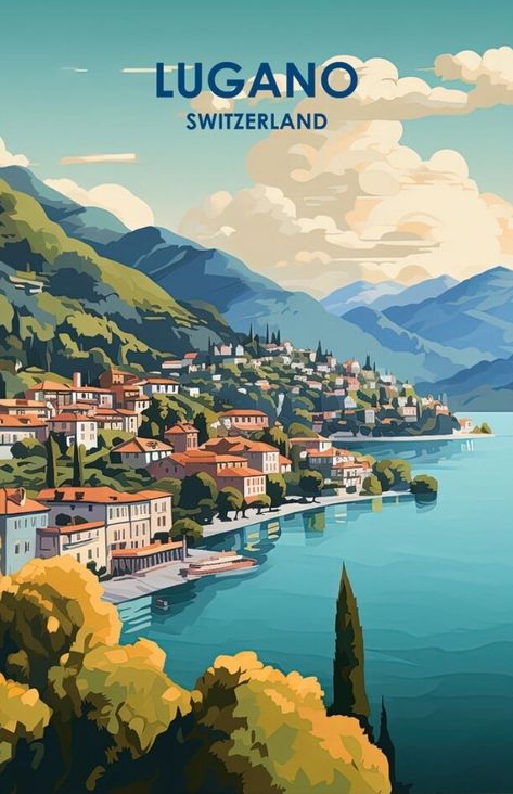 Switzerland Illustration, Location Posters, Switzerland Cities, Travel Poster Design, Vintage Poster Design, Dream Vacations Destinations, Retro Travel Poster, Travel Wall Art, Vintage Poster Art