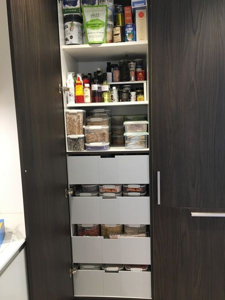 Converting integrated fridge/freezer space | Wire Basket Drawers, Tall Cupboard, Basket Drawers, Integrated Fridge Freezer, Integrated Fridge, Drawer Space, Set Of Drawers, Wire Basket, Fridge Freezer