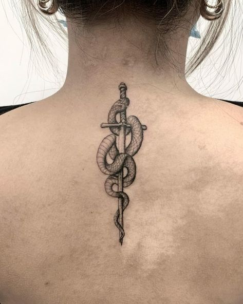 Snake And Dagger Tattoo, Snake Tattoo Meaning, Tato Minimal, Serpent Tattoo, Spine Tattoos For Women, Dagger Tattoo, Spine Tattoo, Back Tattoo Women, Spine Tattoos