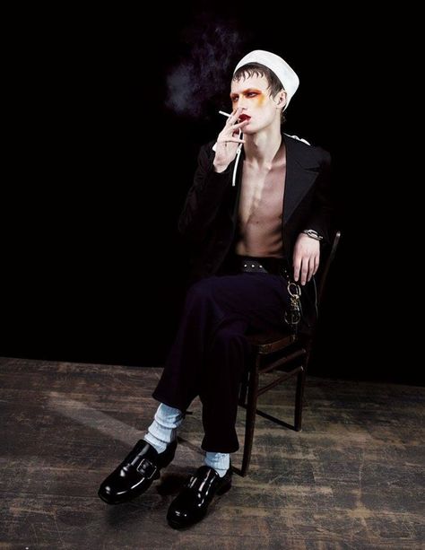 MAN ABOUT TOWN Cargo de nuit by Willy Vanderperre. Fall 2016 Male Burlesque Outfit, Burlesque Men, Dresscode Ideas, Cabaret Outfit, Divine Theatre, Mime Costume, Goth Male, Cabaret Costume, Band Aesthetic