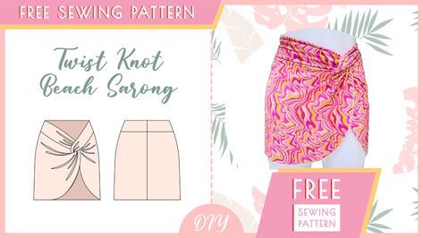 Free Sewing Pattern, How to sew a twist knot skirt beach sarong, free beach coverup sewing pattern Diy Sarong Skirt, Sarongs Diy, Swimwear Sewing, Sewing Patterns Free Bag, Swimwear Sewing Patterns, Pattern For Sewing, Knot Skirt, Twisted Skirt, Skirt Pattern Free