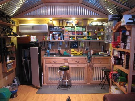 Gun Room with Reloading Bench...I would like my reloading room to look like this someday. Reloading Room, Gear Room, Reloading Bench, Hunting Room, Safe Room, Man Room, November 9, Room Pictures, Man Up