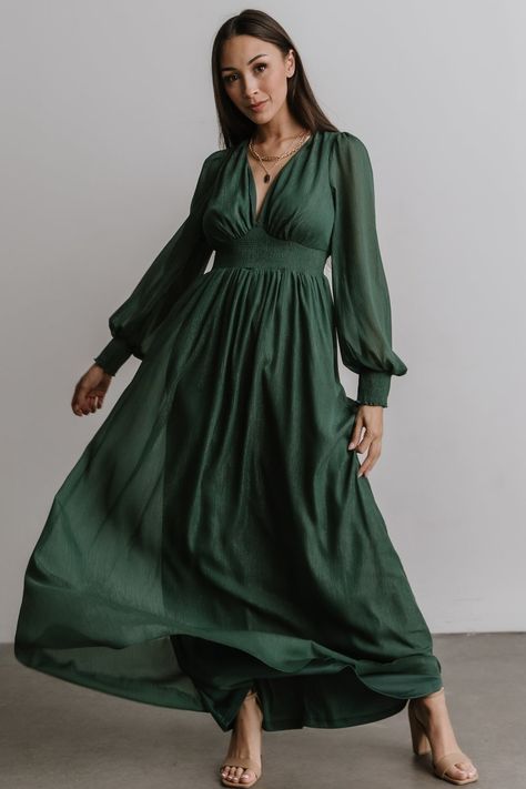 Juliette Shimmer Maxi Dress | Green - Baltic Born Bishop Sleeve Dress, Forest Green Dresses, Dresses Velvet, Dresses Holiday, Baltic Born, Green Maxi, Rust Dress, Dresses Bridesmaid, Maxi Dress Green